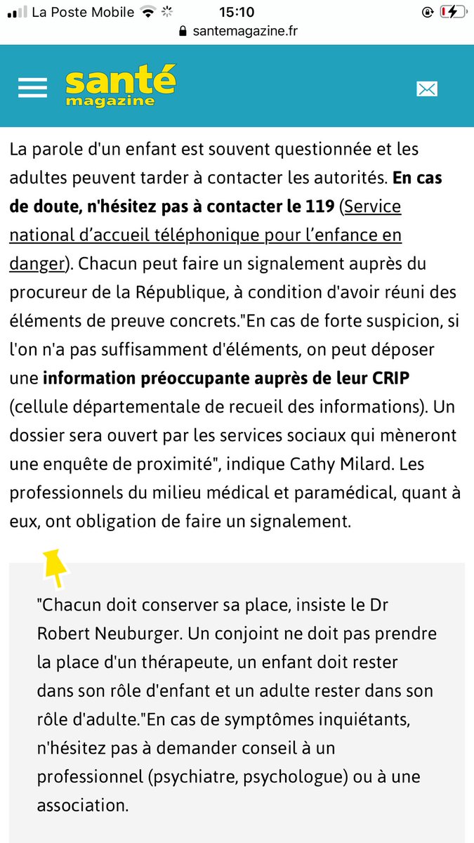 #3 : Dans cet autre article, je lis qu’en tant que témoin/ayant connaissances, on peut: - faire directement un signalement au procureur, en cas de preuves réunies.- sinon déposer une information auprès du CRIP (cf posts suivants) https://www.santemagazine.fr/sante/droits-demarches/droits-du-patient/inceste-sortir-du-silence-175306#Comment-aider-un-proche-qui-subit-ou-a-subi-l’inceste-? #MeetooInceste