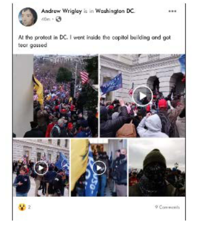 ARRESTED: Andrew Wrigley, 26, from Jim Thorpe Pennsylvania. “At the protest in DC. I went inside the capitol building and got tear gassed.”  https://philadelphia.cbslocal.com/2021/01/17/officials-pennsylvania-man-arrested-after-posting-pictures-videos-of-himself-at-u-s-capitol-riot/