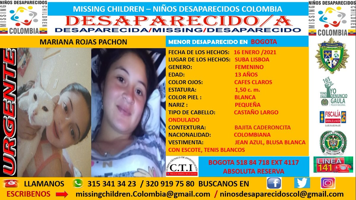 Missingchildcol's tweet photo. AYUDANOS A ENCONTRARLA Mariana rojas  Desaparecio en suba. UNIDOS SOMOS MAS. https://t.co/Ag6rGxCnRA