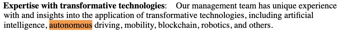 In  $RTP's S1, "autonomous driving" is mentioned 10x.It's listed under their business criteria and highlighted multiple times around Hoffman's interest and experience.Full S1   https://www.sec.gov/Archives/edgar/data/1819848/000121390020024426/fs12020_reinventtech.htm