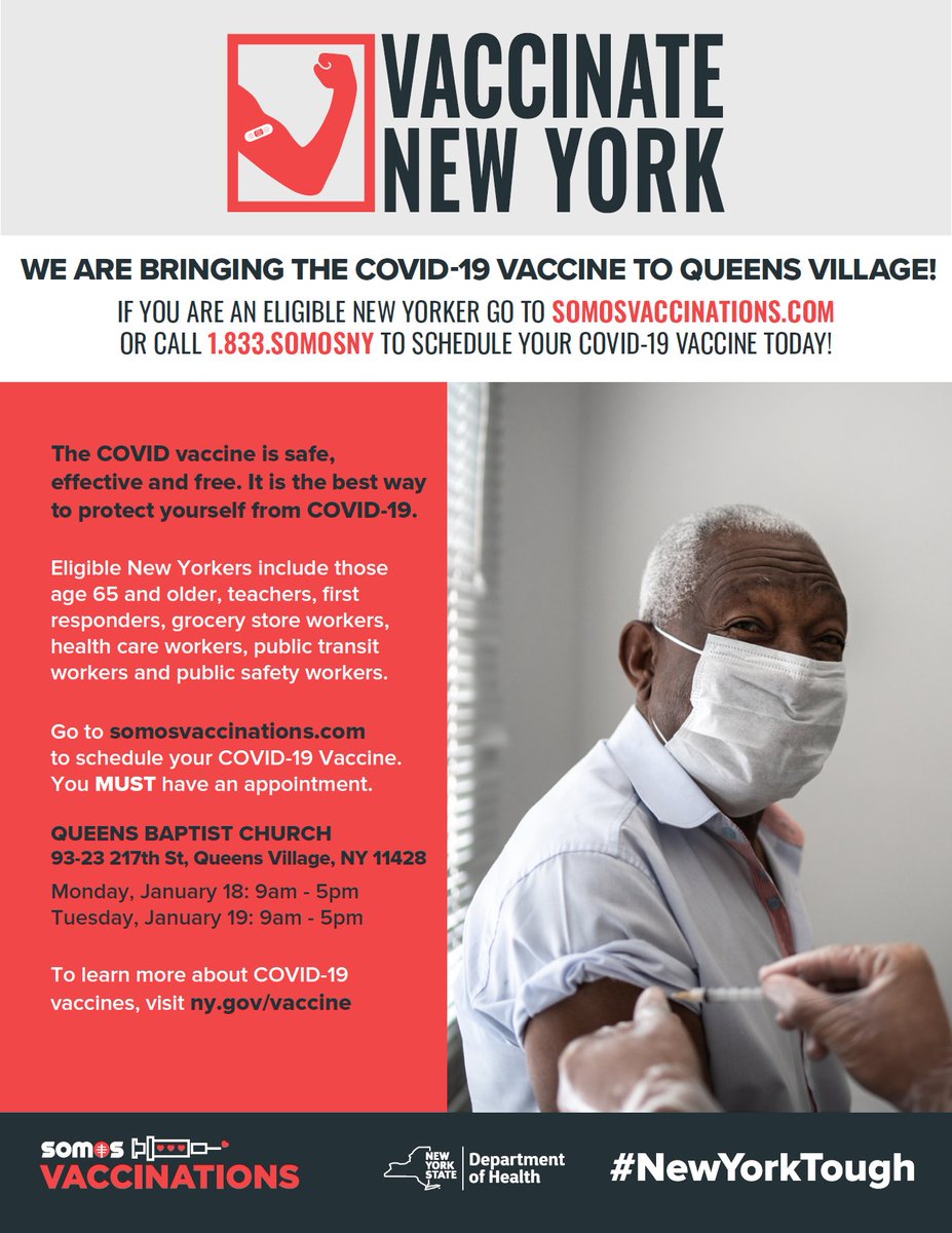 QnsBPRichards's tweet image. Federal government may be limiting vaccine supply but good news: @NYGovCuomo @HealthNYGov @SOMOSCare secured vaccines in Queens Village! Make an appointment for tmrw 1/18 or Tues 1/19 at somosvaccinations.com

#VaccinateNY