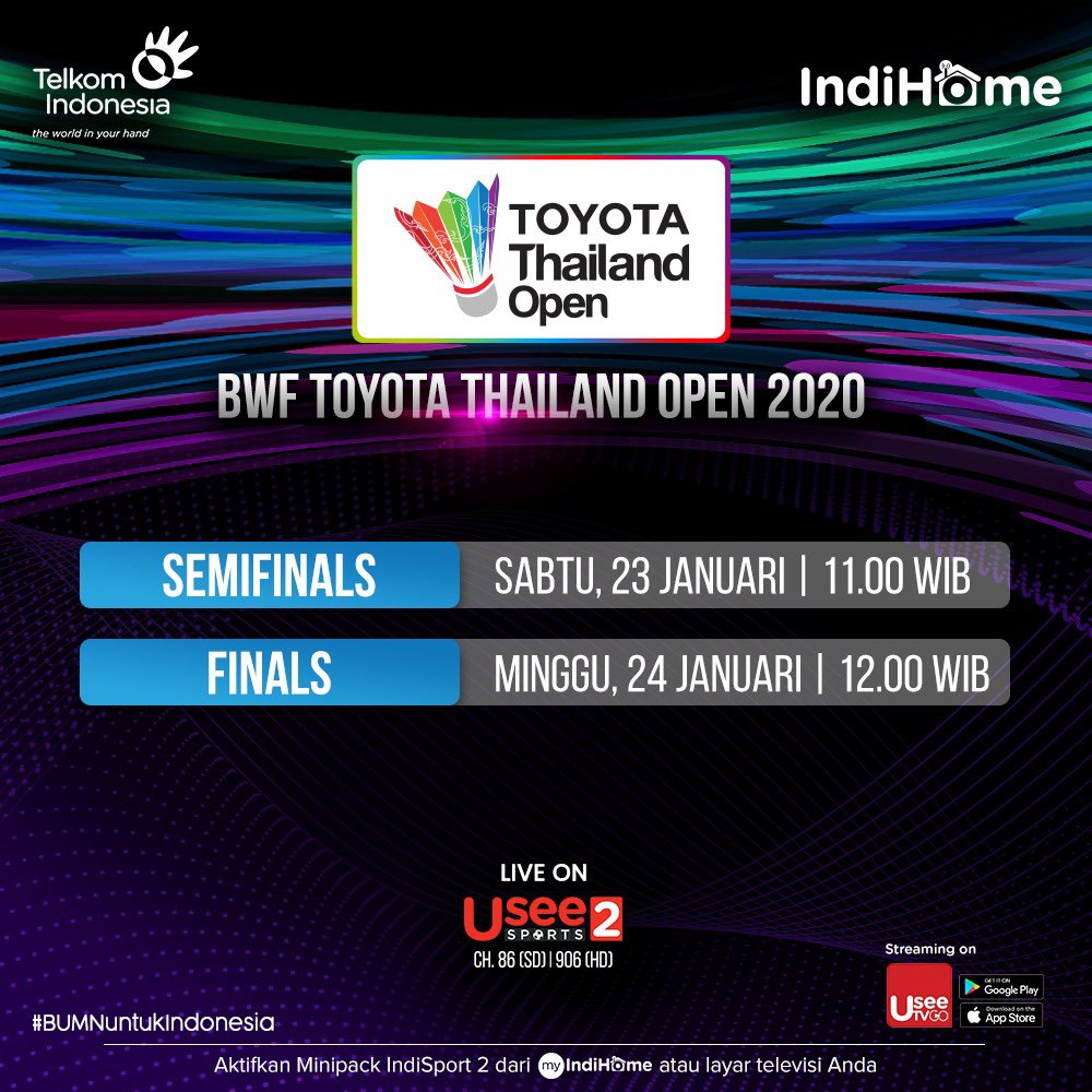 BWF Toyota Thailand Open akan segera di mulai! Siapa jagoan kamu? Saksikan 19 - 24 Januari 2021
.
Subscribe minipack IndiSport 2 dari layar TV atau via aplikasi myIndiHome kamu!
.
#HomeofPremiumSports #BWFWorldTour #ToyotaThailand https://t.co/fCn1iGqx4R