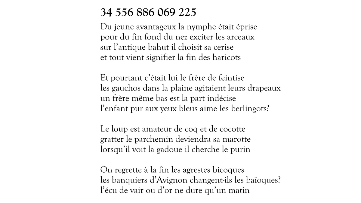 Voici le sonnet 34 556 886 069 225 sur 100 000 000 000 000. Il en reste 99 999 999 998 428 à tweeter. https://t.co/J8bSd7B4Mp