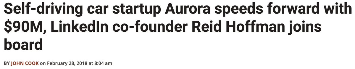 In March 2016, Hoffman invested $16m in on-demand trucking startup Convoy and joins board.In Feb 2019, Hoffman (through Greylock Partners) invested $90m in self-driving car startup Aurora and joins board.Convoy 2019 valuation: $2.75bnAurora 2020 valuation: $10bn $RTP