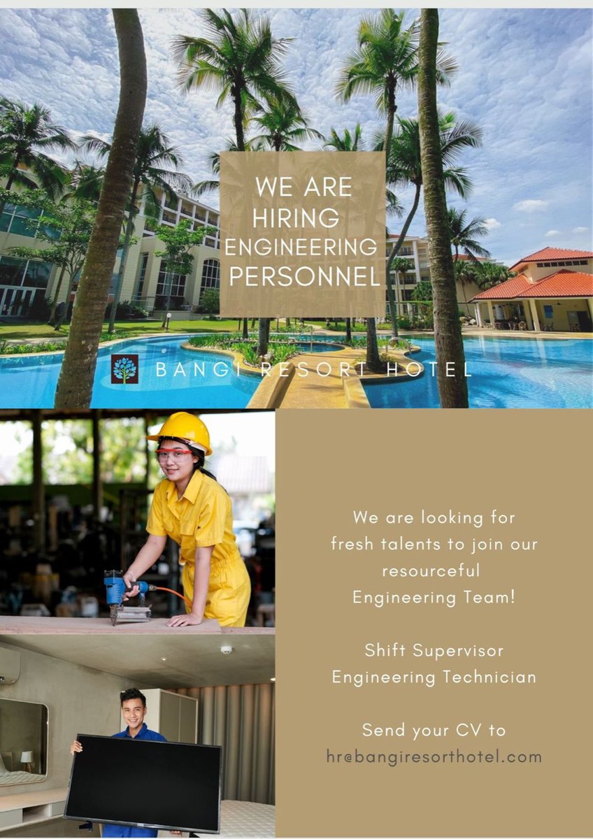 Bangi Resort Hotel is looking for fresh talents to join their resourceful Engineering Team!

*) Shift Supervisor
*) Engineering Technician.

hotelkini.com/jobs/bangi-res…

#hotelkini #hoteljobs #bangiresorthotel #hotelengineer