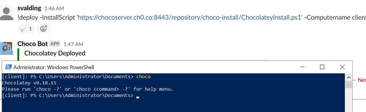 steviecoaster's tweet photo. Install @chocolateynuget using @SlackHQ  via #PoshBot. Because who said you couldn't.

#PowerShell #WorkSmarterNotHarder #Chocolatey https://t.co/5VBDAnvciP
