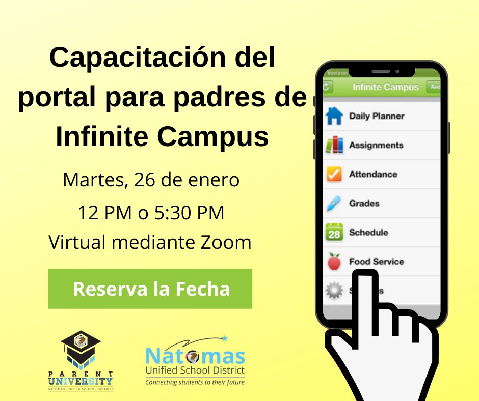 NatomasUSD's tweet photo. Parents/Guardians are invited to join us via Zoom on Tuesday, Jan. 26 @ 12pm or 5:30pm, for a workshop on everything Infinite Campus. Whether you are new to NUSD or need a refresher, we encourage you to attend. For more info or to register online, visit https://t.co/R0mvfuRqDx. https://t.co/QDI9sTc1Cb