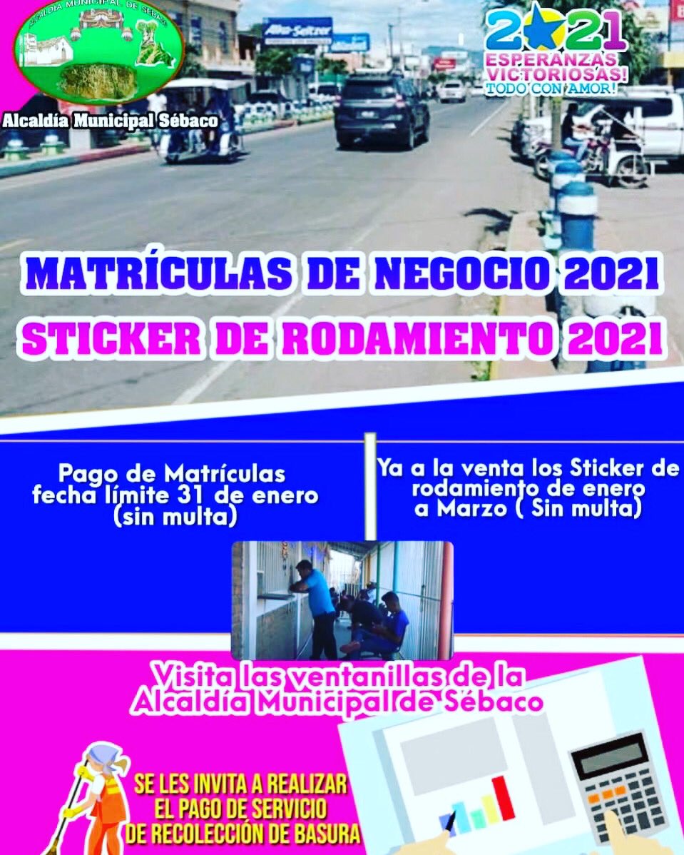 ALSESEBACO's tweet photo. Evita Multas y Contratiempos
➡️Pago de Matrículas de Negocio 2021
➡️Stiker de Rodamiento
➡️Pago de Recolección de Basura
➡️Pago de Matrículas Pendientes
🏘️🏘️🏡👩‍👩‍👧‍👧👨‍👨‍👦‍👦👨‍👨‍👦‍👦👨‍👩‍👦👨‍👩‍👦Construyamos con Nuestros Impuestos el Sébaco Próspero que Deseamos.
#SeguimosCambiandoNicaragua https://t.co/UlVeg2NSpv