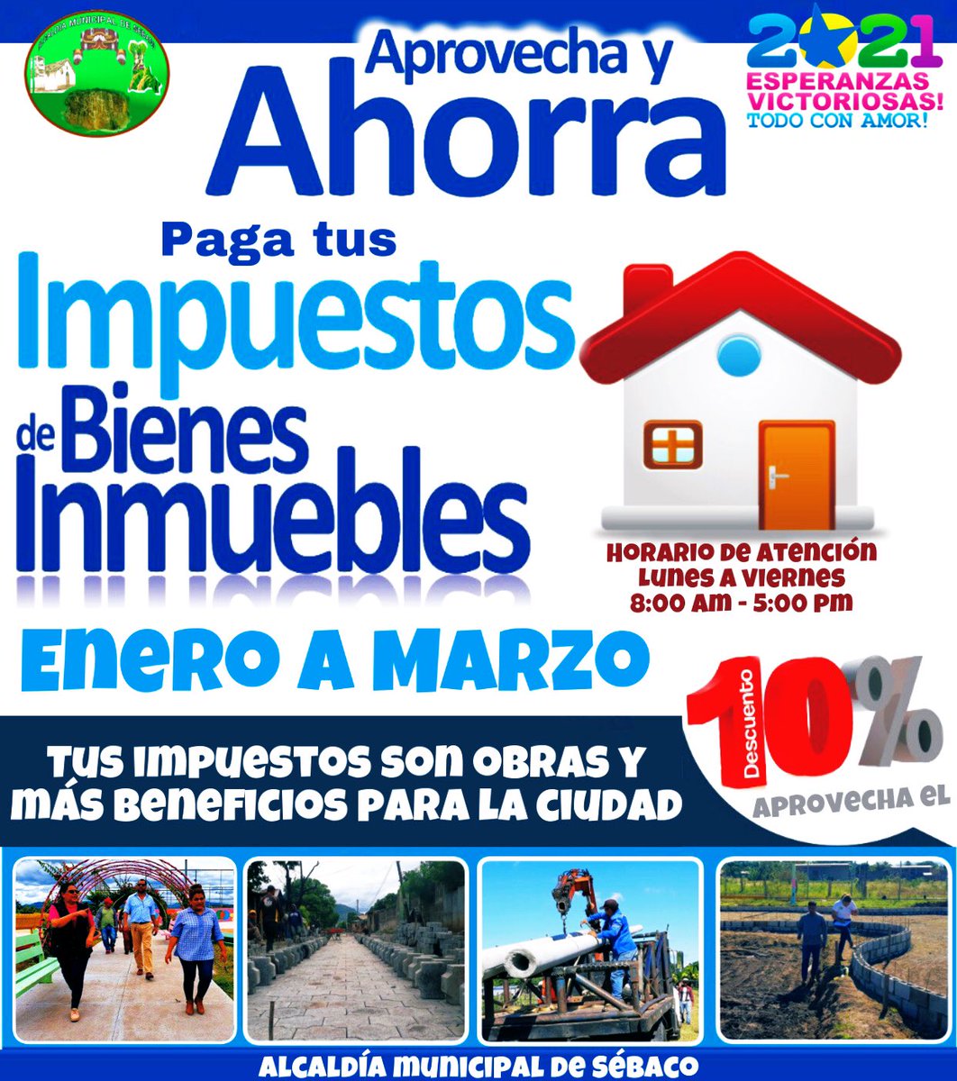 ALSESEBACO's tweet photo. #2021EsperanzasVictoriosas
Ven y aprovecha del 10 % de descuento al pagar los Bienes Inmuebles IBI antes del miercoles 31 de Marzo 2021. 
Evítese multas y contratiempos https://t.co/aO9lVx1TMX
