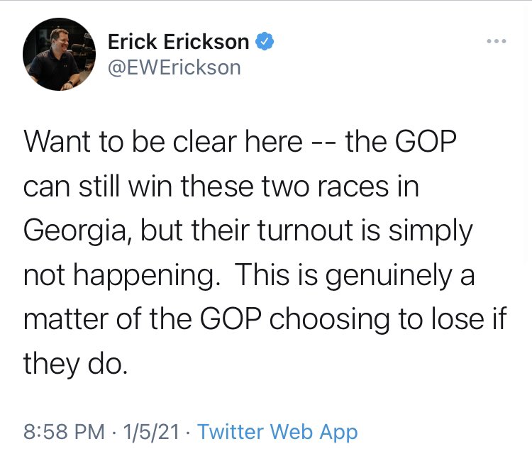“This is genuinely a matter of the GOP choosing to lose if they do.” -  @EWErickson.Yet, Erickson and Non-Trump Republicans will conclude that the issue in GA was that the GOP machine did not stab Trump voters deep enough the last two months and that the GOP was not RINO enough.
