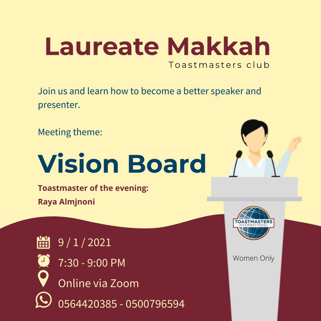 Hi leaders 👋🏻
We delightedly invite YOU to join our #toastmasters meeting #online via #zoom

We will help you communicate with confidence and develop your #leadership skills effectively during our fun friendly meetings. 

The theme #visionboard 

contact us to know how to join.