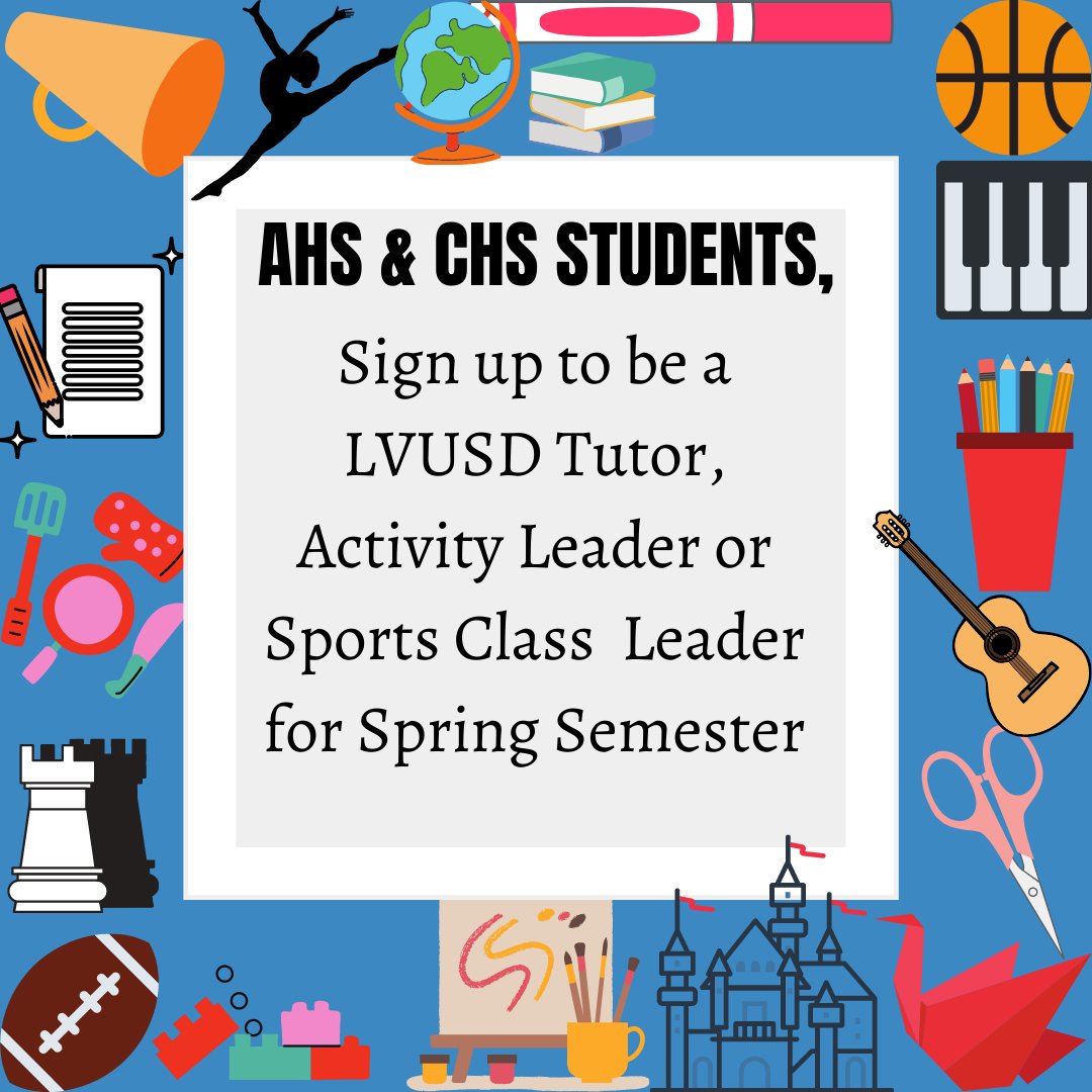 CalabasasHS's tweet photo. Dear #AHS & #CHS Students! Would you like to join the #LVUSD Tutoring, Activity & Sports Leader Program? More info is on your school website. Click this link to sign up https://t.co/YXbuQ7FtcF #Agourahigh #Calabasashigh #becomeatutor #becomeanactivityleader #teachasportsclass https://t.co/gxM6SgARCy