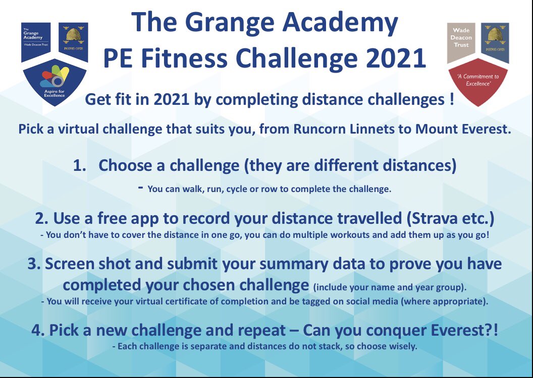 TheGrangeAcade1's tweet photo. PE Fitness virtual Challenge 2021 - more details to follow on Microsoft Teams. 
Where can you get to in the North West? Can you conquer Everest?@Grange_School https://t.co/kS7cQupUJk