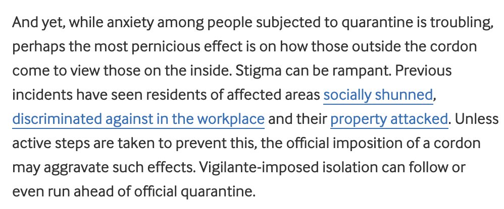 There were huge reservations about quarantine/lockdowns, partly because they expected it to cause stigma for anyone subject to restrictions: social rejection, property damage or even vigilante attacks were anticipated based on surveys from smaller outbreaks like SARS