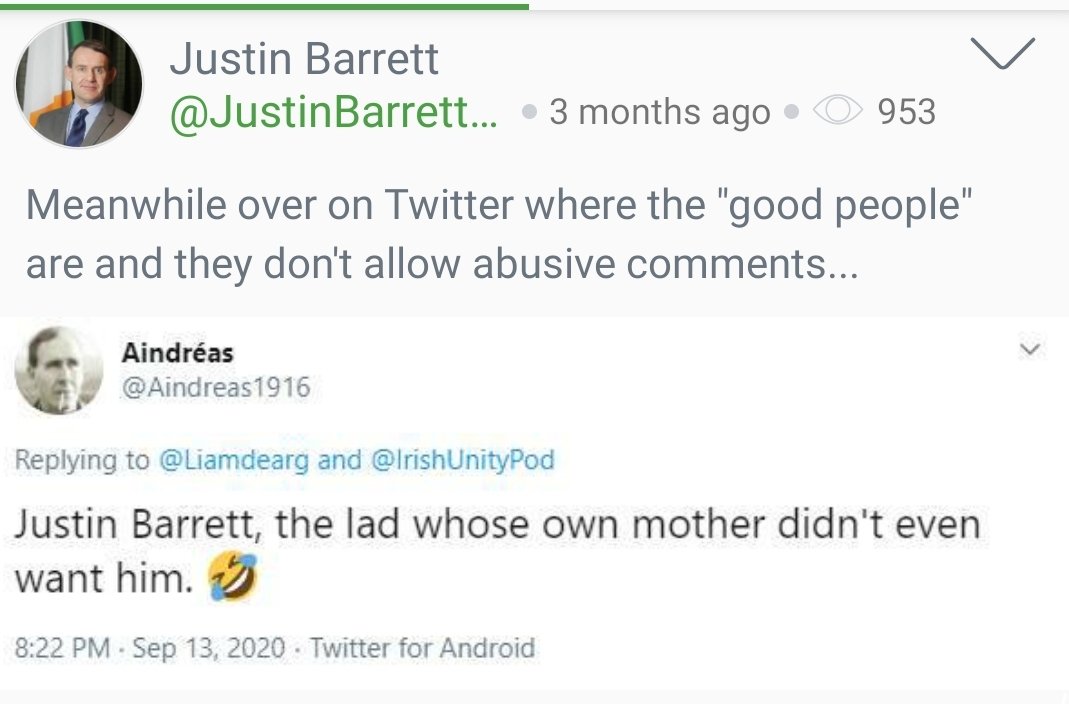 9/ Along with Prof. Honkelberg, most of Justin Barrett's posts were too obscene to share here. Justin likes to 'orate', just like he did with his Tweets, grandiose romantic visions of Ireland, drowning in the wet blood of fallen Patriots or something. Also, he has 'feelings' 