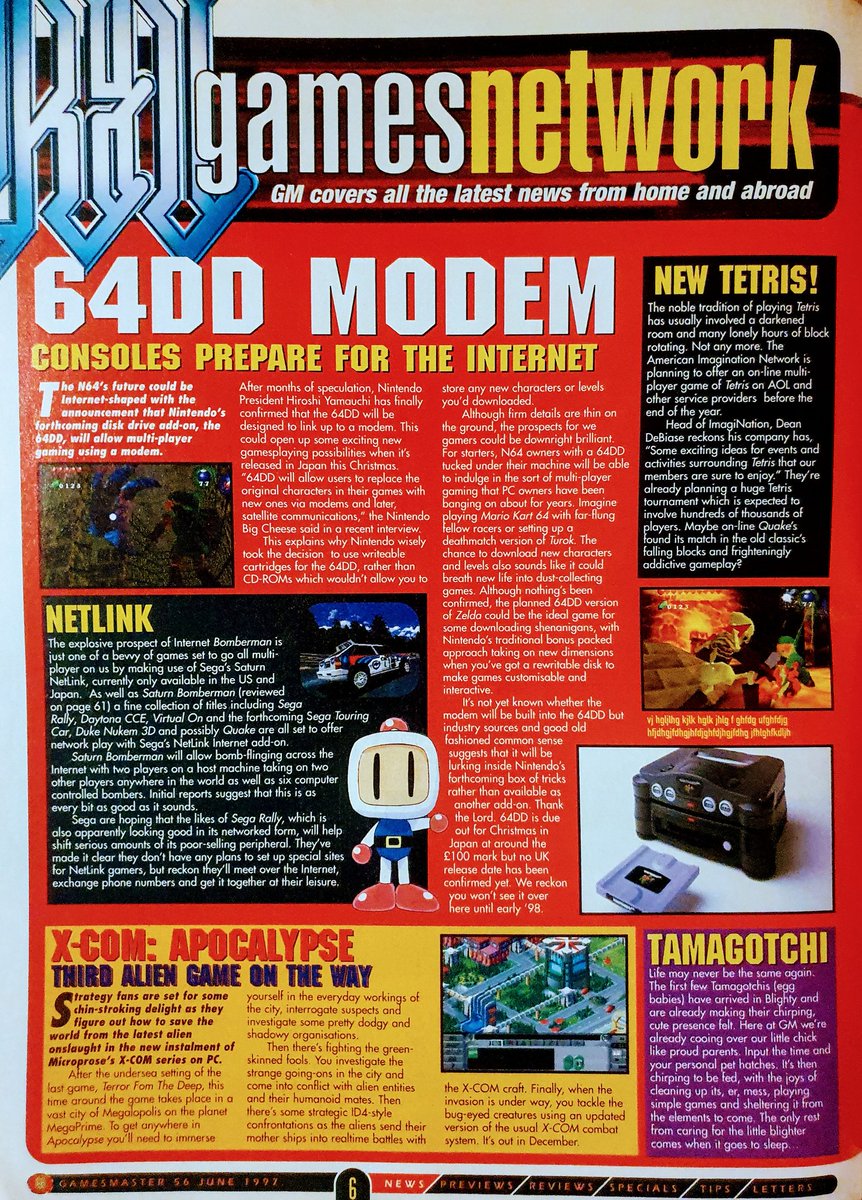 GamesmasterSaid's tweet photo. Issue 56, June 1997
Latest news, featuring 64DD bringing online gaming to the N64, Acclaim announce Xtreme G for N64, and Hexen brings first-person multi-player deathmatch to, wait for it... N64. (Pt. 1 / 2)
#SaturnBomberman #Tetris #XCOMApocalypse #Tamagotchi #Hexen2 https://t.co/ZivWwYCI6w
