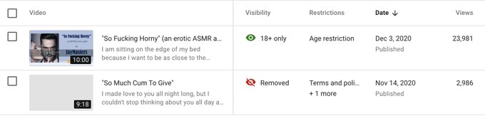 1 of my 2 ASMR audios on YouTube has already been removed. Ugh. But the second of the two already has<a href="/tag/sexy"class="tags"><span>#sexy</span></a><a href="/tag/sex"class="tags"><span>#sex</span></a><a href="/tag/orgasm"class="tags"><span>#orgasm</span></a><a href="/tag/pornforwomen"class="tags"><span>#pornforwomen</span></a><a href="/tag/erotica"class="tags"><span>#erotica</span></a><a href="/tag/masturbation"class="tags"><span>#masturbation</span></a>