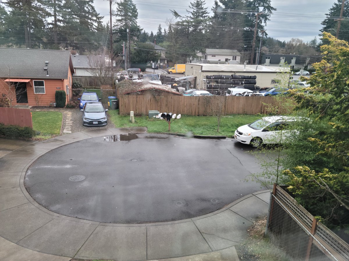 This is what we're working with. On trash day, the trash cans go to the right of the mailboxes. I'm pretty sure the van you can see here and the line of cars behind it belongs to the chop shop across the fence.