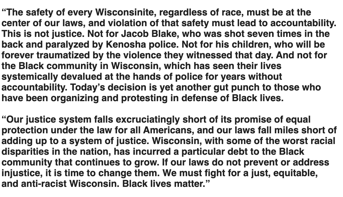 Statement from chair @benwikler on the Kenosha DA's decision not to pursue charges in the police shooting of Jacob Blake. #JusticeForJacobBlake