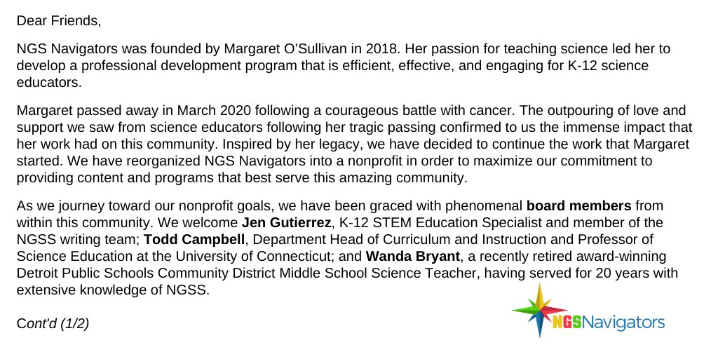 ngsnavigators's tweet image. Inspired by Margaret's legacy, NGS Navigators will continue as a nonprofit organization dedicated to providing engaging and effective #NGSS content.

But we need your help in raising funds to relaunch the podcast and programs. Please read and retweet the letter below. 

#ngsschat