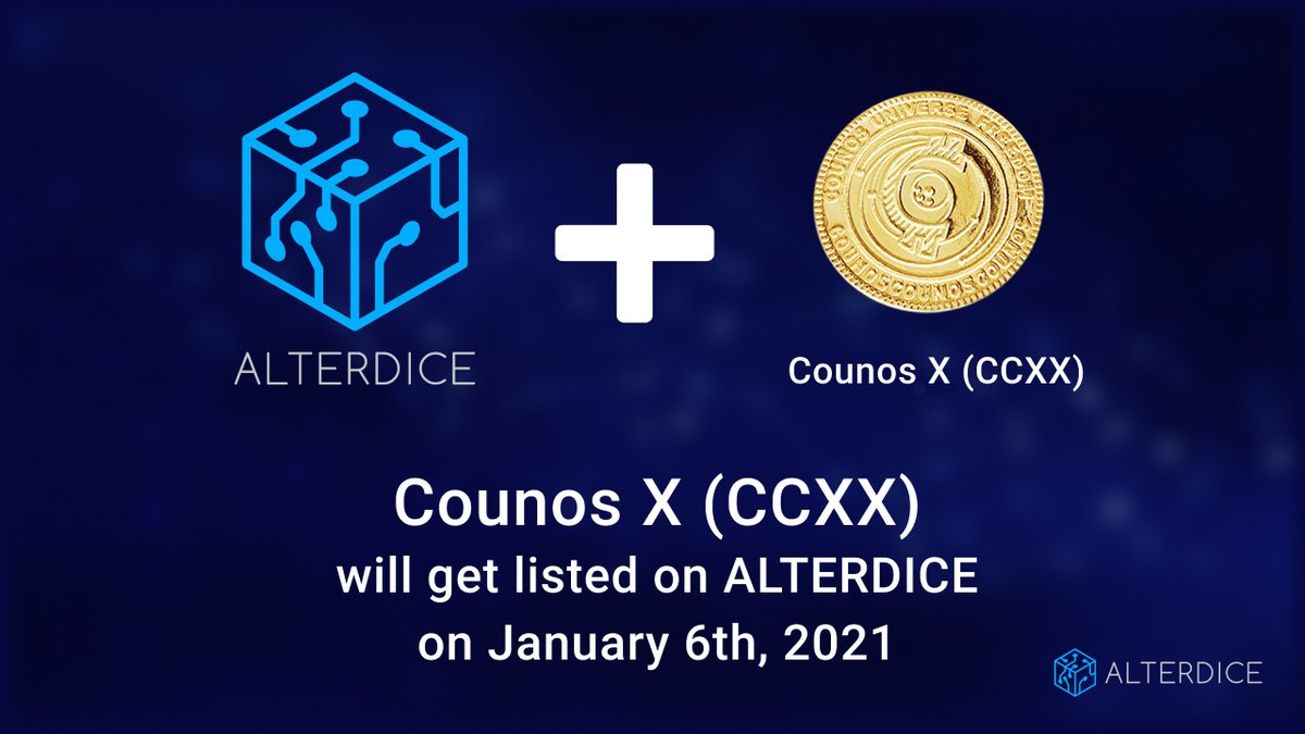 Counos X (CCXX) LISTING ON ALTERDICE
alterdice.com/news/ccxx-list…

CCXX trading will be effective on January 6th, 2021.

The following pair will be supported: CCXX/USDT.

Official website: counos.io/counosx

#listing #alterdice #crypto #exchange #cryptocurrency