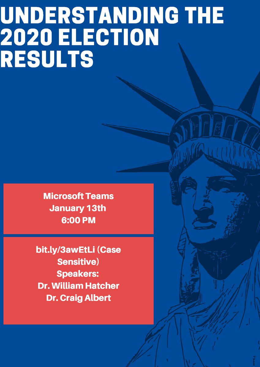 AUG_SocSci's tweet image. Please join the @AUG_SocSci as our faculty discuss the 2020 election results and the political process in the United States.

#2020election #electionresults #virtualevent #WeArePamplin @AUG_MAISS @aug_mpa @AUG_Pamplin
