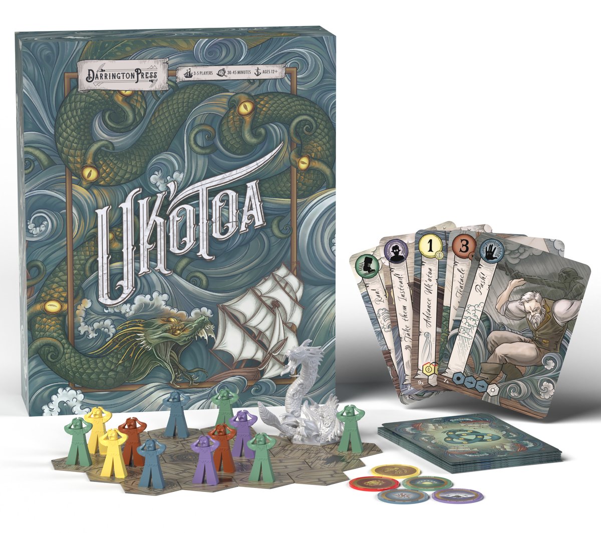 3D mock-up of the board game Uk'otoa, featuring the box, tokens, meeples, board hexes, and cards.