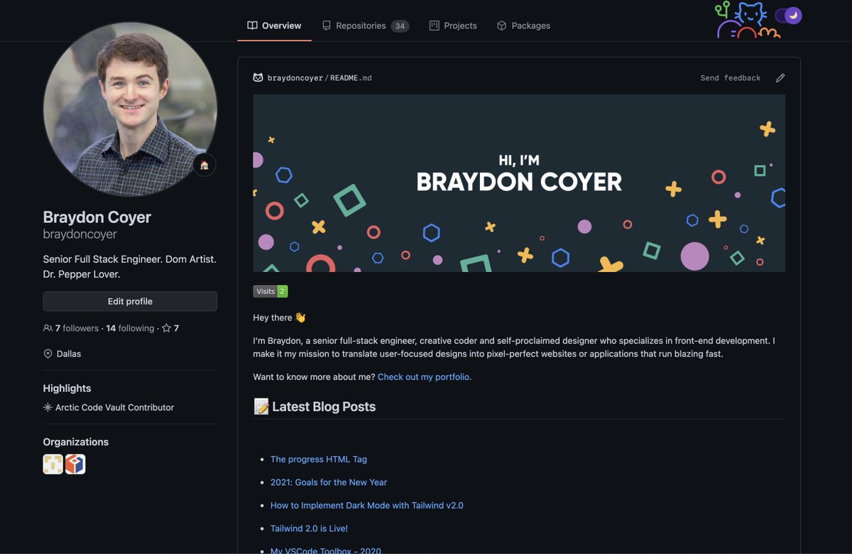 BraydonCoyer's tweet image. I finally jumped on the bandwagon - I&apos;m working on my profile README on @github. 

Check it out 👉 github.com/braydoncoyer

More to come ⏳

#100DaysOfCode #Github2020 #100DaysOfCloud #webdev #github #profile #CodeNewbies