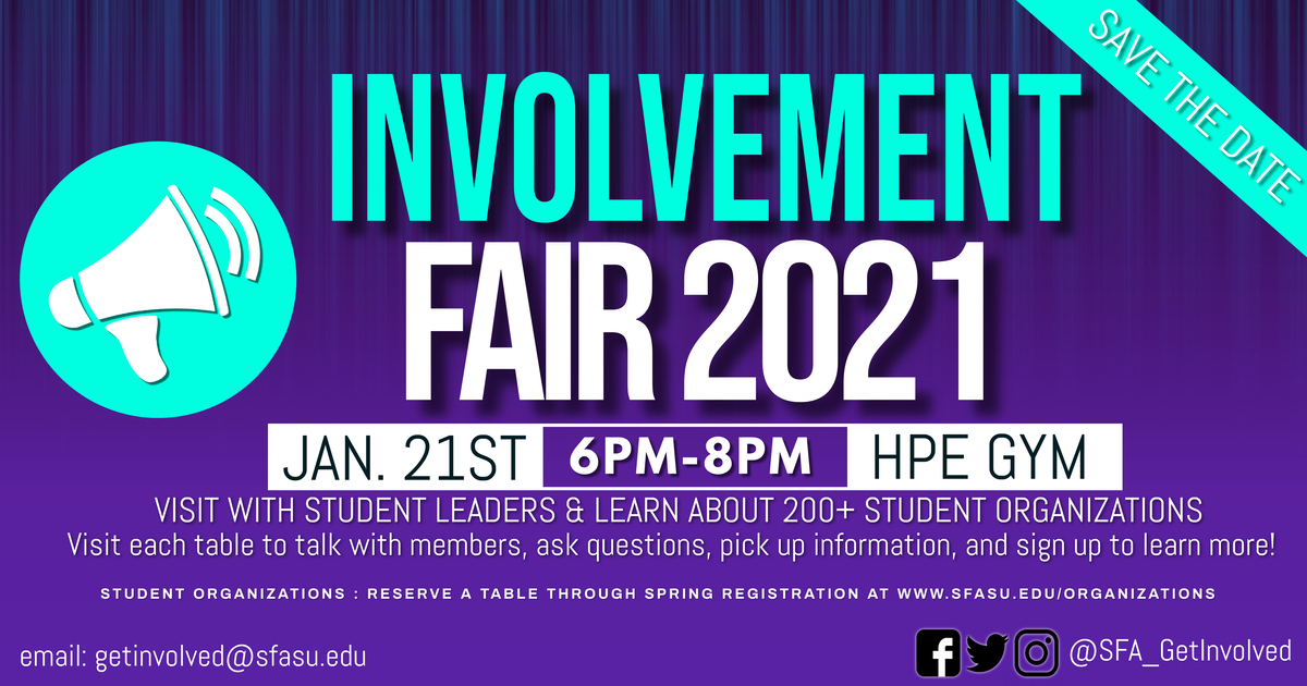 SAVE THE DATE! Involvement Fair is Thursday, January 21st! 

*Student Orgs Registration will open FRIDAY to reserve a table and register your org for Spring!