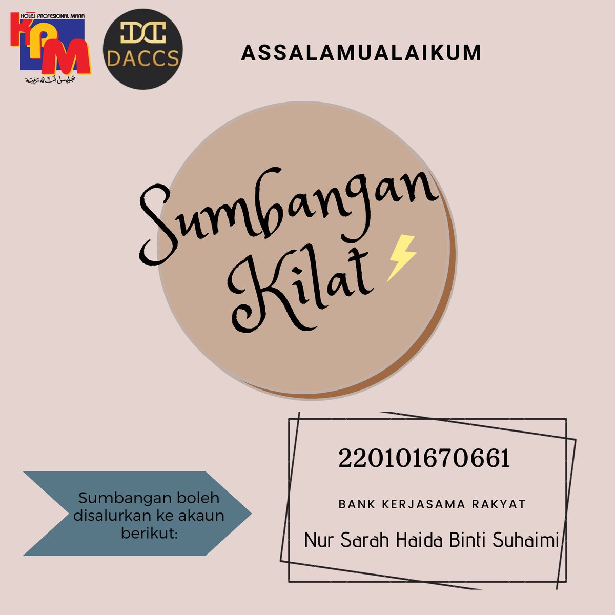 Daccs_KPMIM's tweet photo. MAKLUMAN 

Assalamualaikum wbt ✨

Dimaklumkan bahawa salah seorang pelajar kita, Nur Sarah Haida Binti Suhaimi, program DIA SEM 5, telah ditimpa musibah apabila rumah yang didiaminya runtuh pada 5 Januari 2020. https://t.co/n1ishheYWy