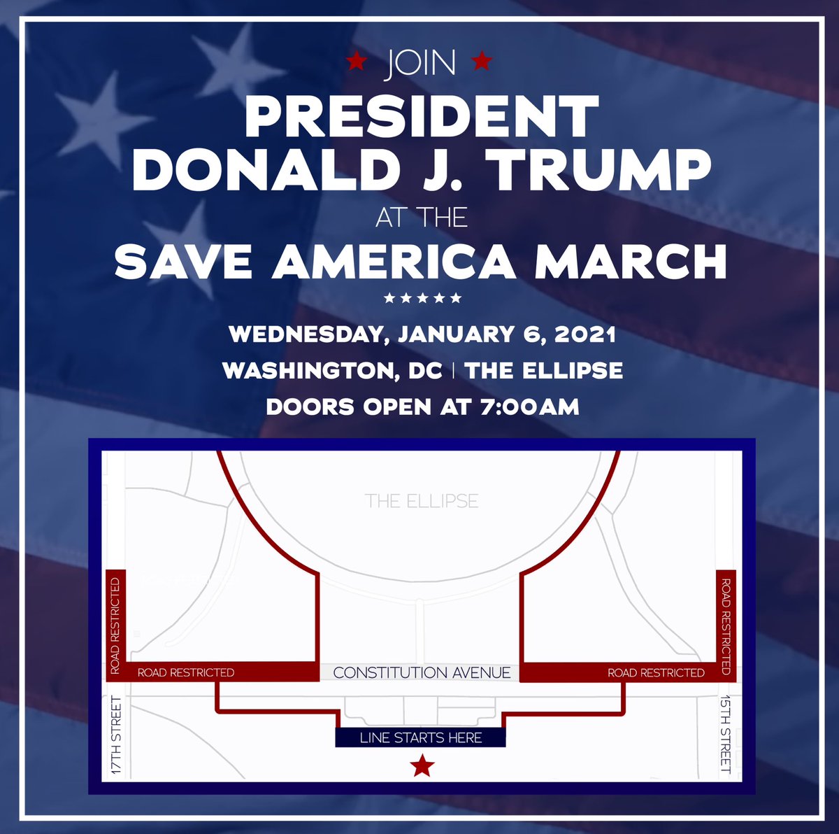 I will be speaking at the SAVE AMERICA RALLY tomorrow on the Ellipse at 11AM Eastern. Arrive early — doors open at 7AM Eastern. BIG CROWDS!