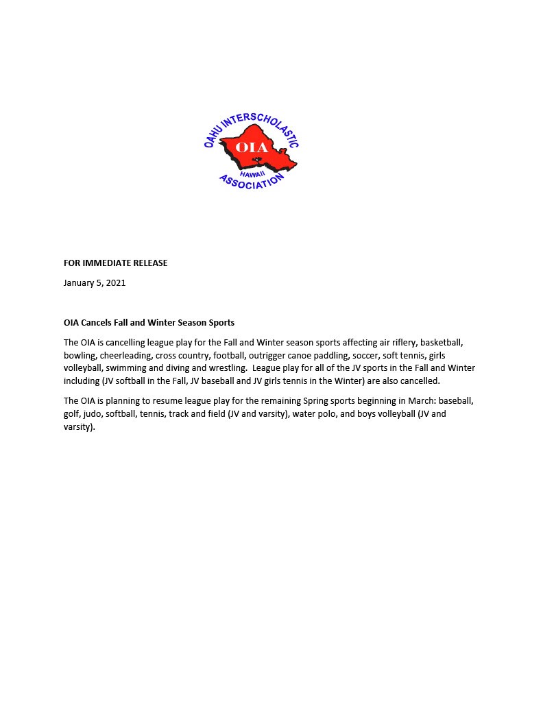 OIA Cancels Fall and Winter Season Sports

Press Release can also be viewed at  
bit.ly/3oj3EVK