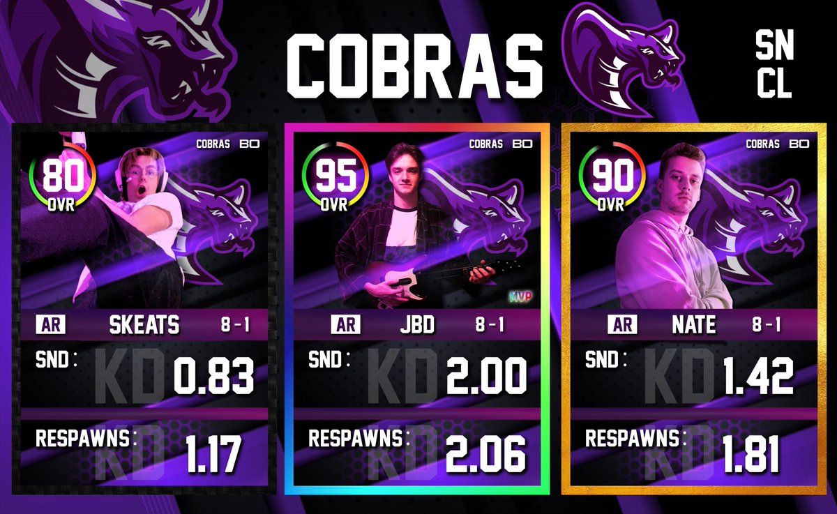 SkeatsN's tweet photo. The Cobras were the most feared team within the tournament! Like their animal kingdom counterpart, they were fast, vicious, and deadly! They ended the tournament taking a draw for first place! #cobras #SNN #coldwar #graphicdesgin #CallofDuty #CDL2021 
Graphics: @nbutton99 https://t.co/CUXIeNLki0