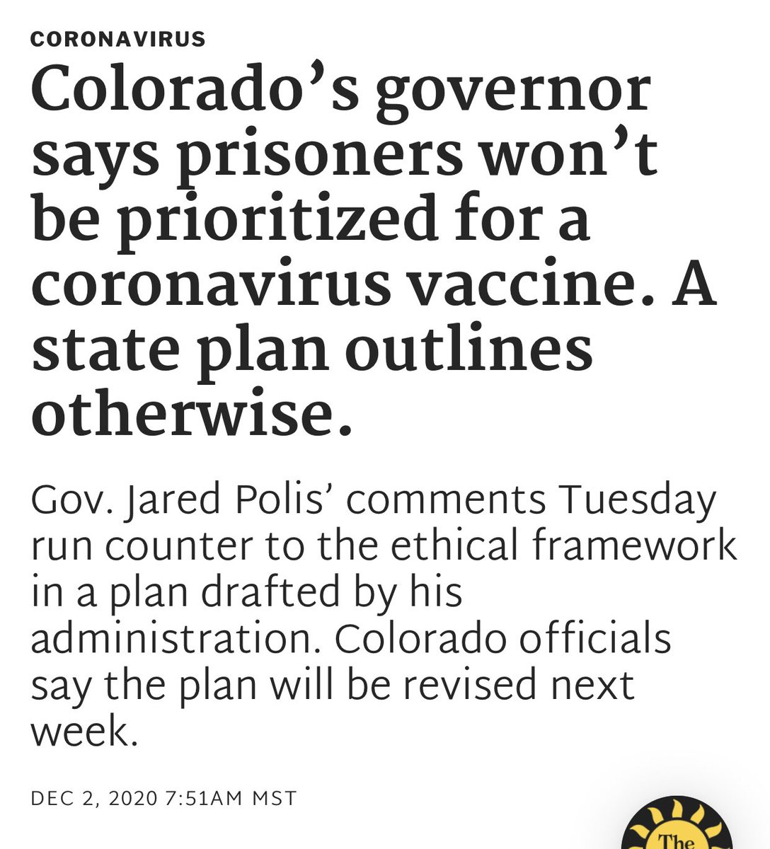NEBRASKA refusing vaccines for undocumented meat plant workers.  https://www.dailymail.co.uk/news/article-9112633/amp/Undocumented-workers-Nebraska-meat-plants-NOT-COVID-vaccines.htmlCOLORADO has placed inmates at LESS of a priority for vaccine and does not have them in group.  https://coloradosun.com/2020/12/02/colorad-coronavirus-vaccine-polis-prisoners/