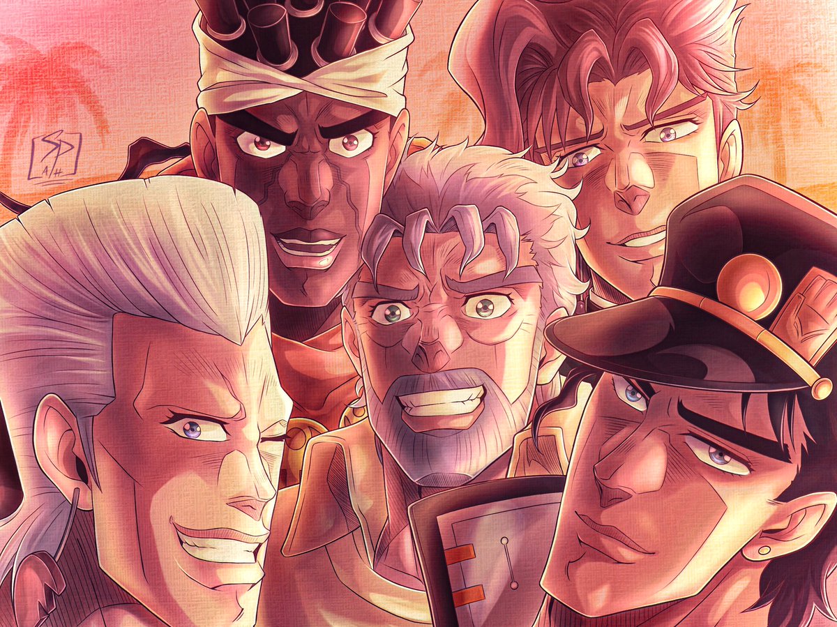 alishiahoyle's tweet photo. My first art of 2021! I hoped to have this done in time for the new year, but seeing as I literally started drawing this on New Year’s Eve it was just never going to happen. That aside though, here’s the Egypt road trip squad! 
#jjba #StardustCrusaders #jojo3 https://t.co/jI5SHbNHl1