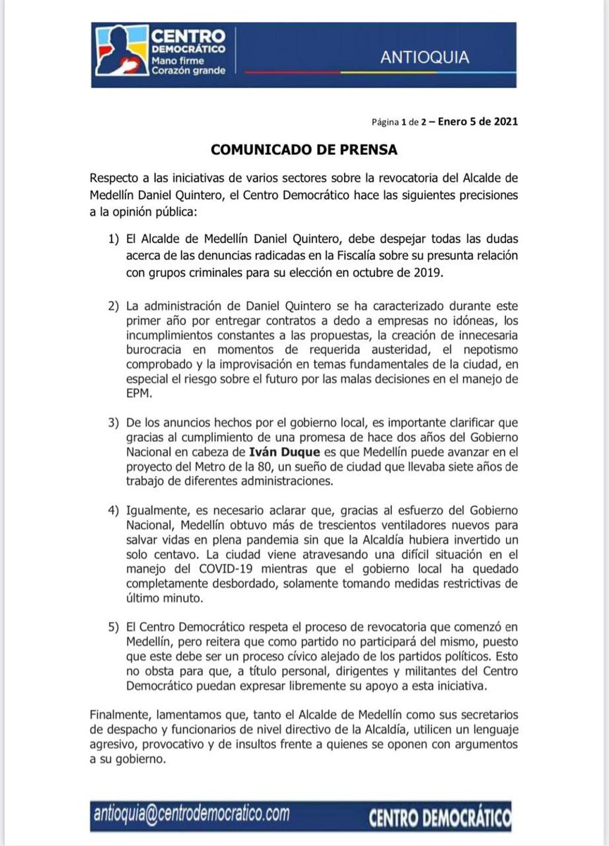 CDemocraticoANT's tweet photo. Comunicado sobre la revocatoria Alcalde de Medellín https://t.co/CYt5O0y774