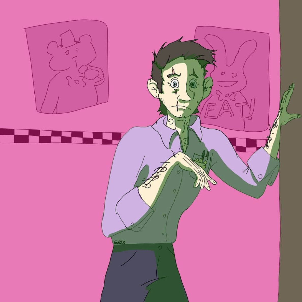 emilandrous's tweet photo. William wasn't the same after his close call with the springlock suit earlier that year. His scars never quite healed and he walked with a limp. He arrived at the restaurant later every morning, often hungover and rambling about ghosts. #FNAF #myart https://t.co/lGp0TPmxu4