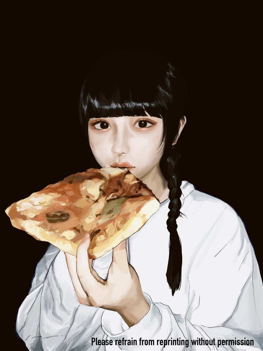 1girl food solo holding food black hair holding pizza  illustration images