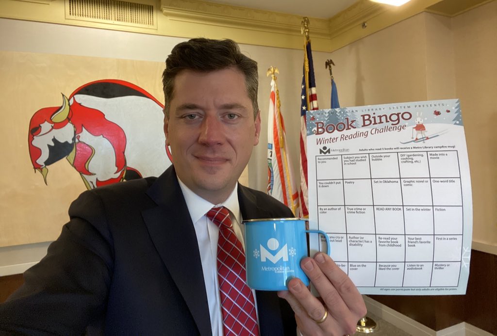 davidfholt's tweet photo. Instead of doomscrolling this web site, we could all use some motivation to read a BOOK right now, and @MetroLibraryOK has just the nudge!  Read or listen to FIVE books by the end of February and get a sweet mug!  And enter to win prizes!  More info here: https://t.co/PqgKBoxBWZ https://t.co/zhxgVvYA49