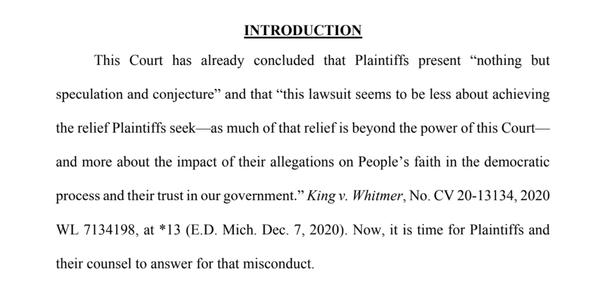 Powell & her colleagues filed 4 Kraken suits alleging a baseless conspiracy about foreign powers & Dominion voting machines. Judge Linda Parker in Detroit swatted it down.Detroit's lawyers note that decision & say now it's time for the lawyers "to answer for that misconduct."