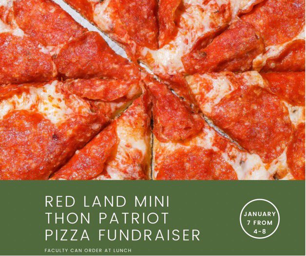 Patriot Pizza Fundraiser on Thursday 1/7 from 4-8! Be sure to tell your friends and family, and let the cashier know you’re there for MiniThon! Show your support #ftk 🍕💠