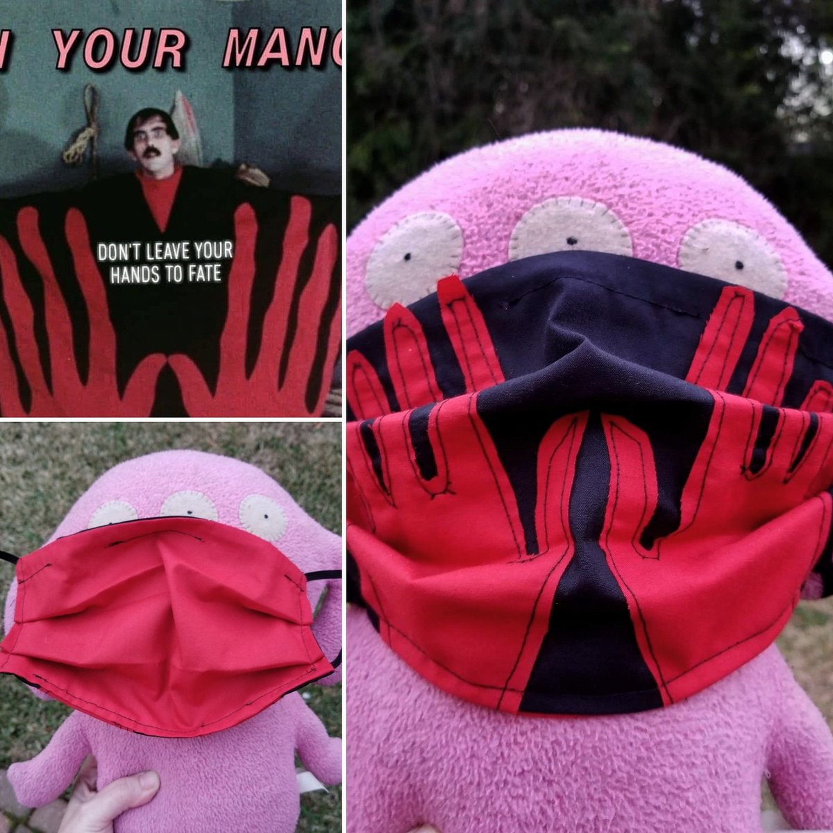 sewluckygirl's tweet photo. Manos: The Hands of Fate mask, for all of you #MST3K fans! Red and Black cotton face mask appliqued red hands of The Master. Available now in my Etsy shop at: https://t.co/YkU6vN96Yr #manos #manosthehandsoffate #etsy #wearamask #cultcinema https://t.co/lXQ0kEeG3L