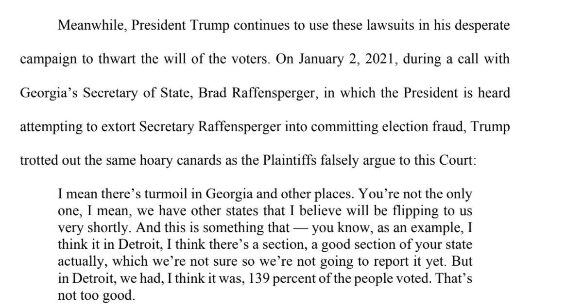 The filing notes the by-now repeated sins of Powell's filings: fake numbers, unverified claims, experts w/no expertise. It also notes that Trump has continued to use the Kraken suits in his "desperate campaign to thwart the will of the voters" even up to his call w/GA's SOS.