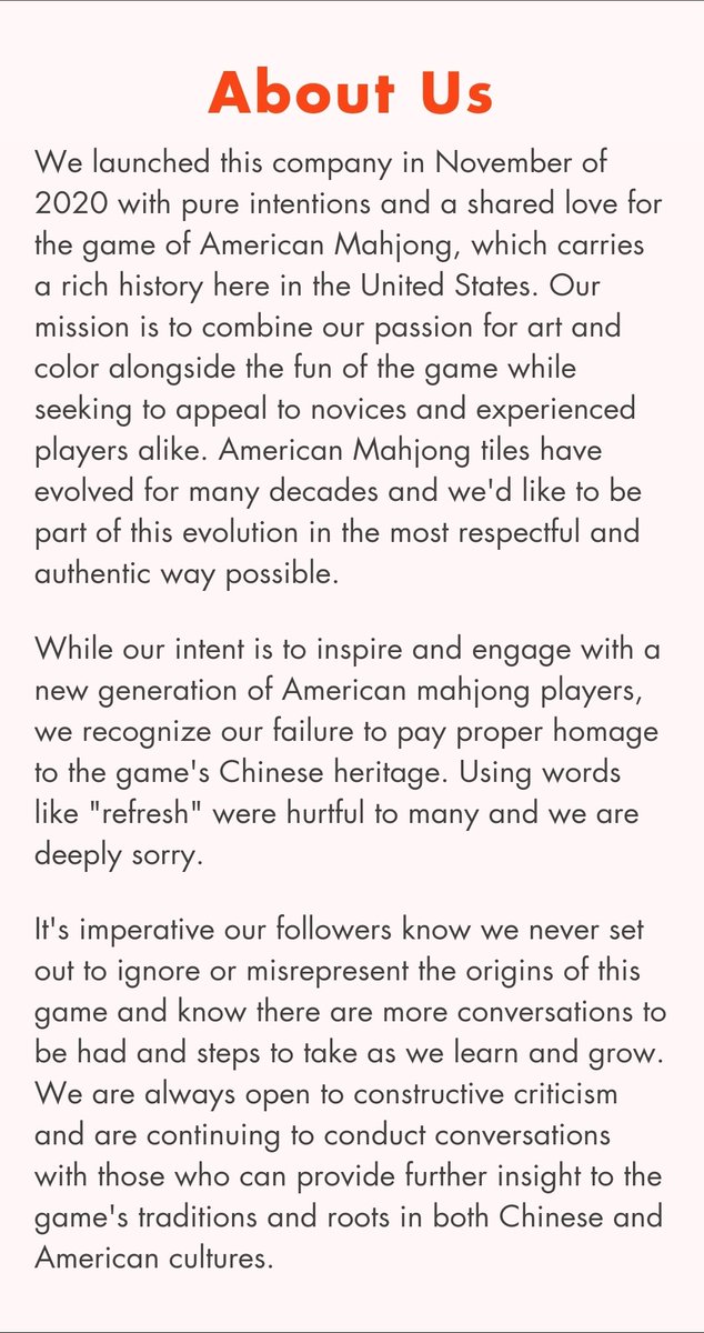 "We are always open to constructive criticism and are continuing to conduct conversations with those who can provide further insight" except during the 1.5 years we spent making this & our IG comments are still off because we're being attacked ahh! Original vs updated about page