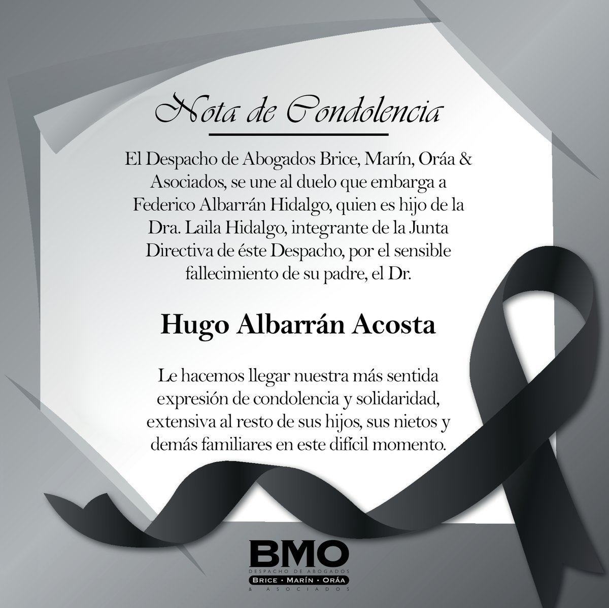 BMOABOGADOS's tweet photo. #BMOAbogados. Nota de condolencia por el sensible fallecimiento del Dr. Hugo Albarrán Acosta. @hidalgol @Victormarin713 @A_HFederico @oraaw https://t.co/KxDDYJrbtb