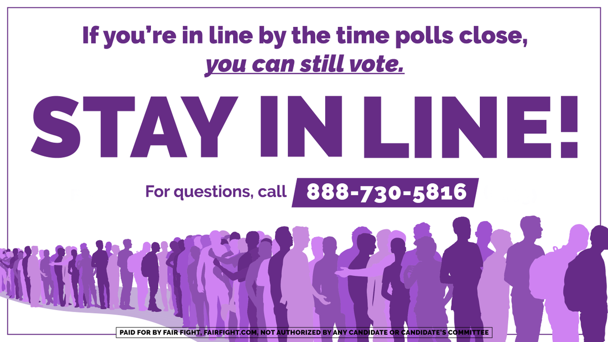 fairfightaction's tweet photo. Stay in line until your ballot is cast and your voice is heard! Call the Voter Protection Hotline at 888-730-5816 if you have questions, and when you're done voting, share your voting story at https://t.co/V7yzHo6j9k. Happy voting! 🗳️ #gapol #gasen https://t.co/U3DV7f8ttR