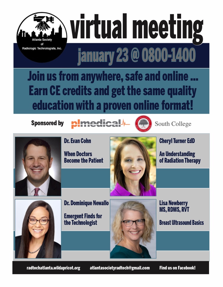 radtechatlanta's tweet photo. All members of the society have received an email about the January meeting. The second meeting of the society year will be virtual due to public health  conditions.  

Thank you to PL Medical and South College for sponsoring the January meeting https://t.co/sO73iOk2lq