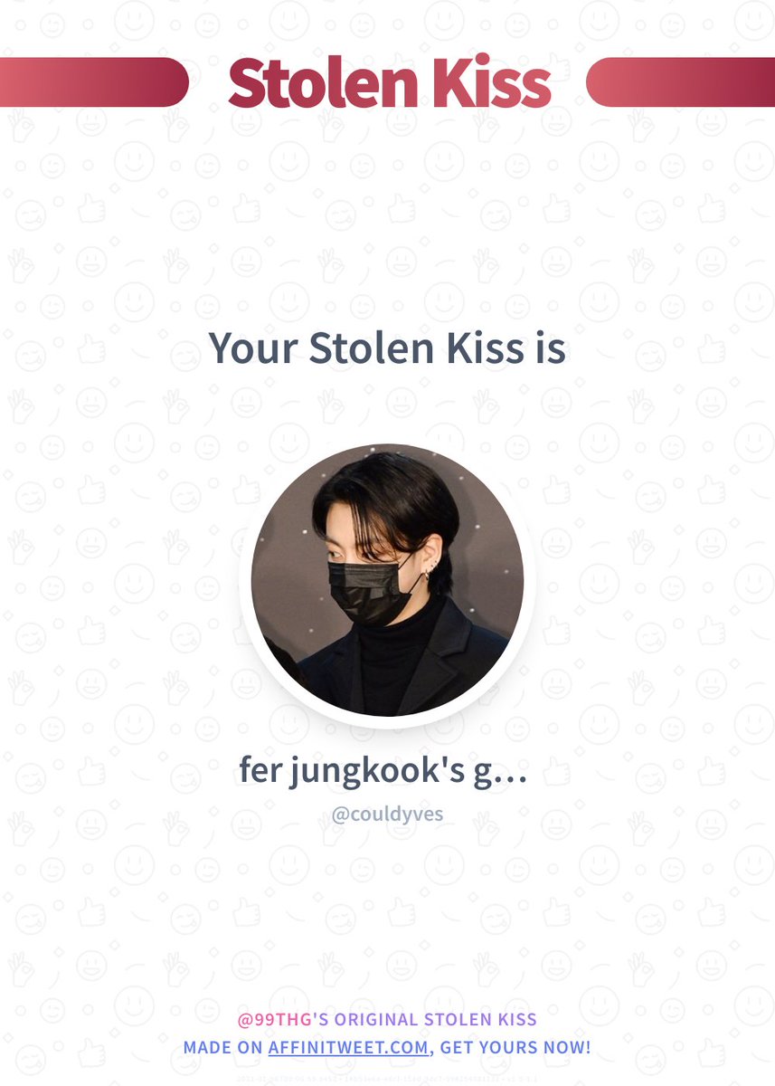 ✨ Stolen Kiss

couldyves would kiss you around the corner... 😏
And you, who would do it?

➡️ affinitweet.com/stolen-kiss
