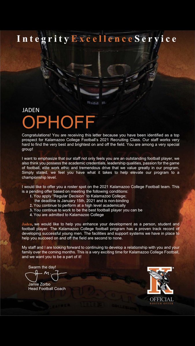 JadenOphoff's tweet photo. Blessed to receive an offer from Kalamazoo College! Big thanks to @CoachRiceKZoo and @CoachZorboKZOO for the Opportunity!! #gohornets https://t.co/mgTI8dxkMq