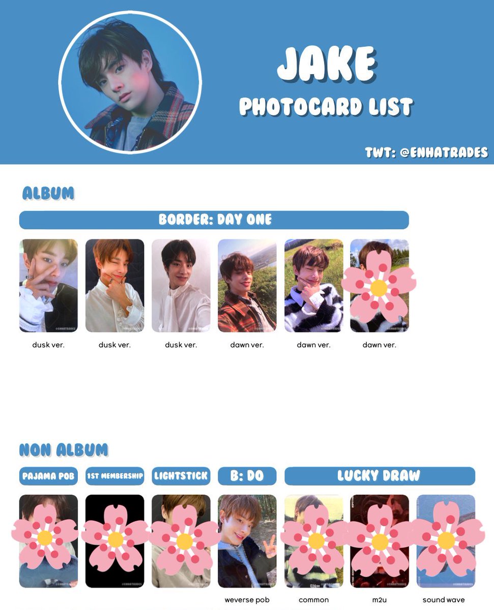 taehyungcart's tweet photo. WTT 🌸 

ENHYPEN BORDER: DAY ONE PC

✨ Have: (1st pic)
Sunoo Dusk Ver. C
Jungwon Dawn Ver. C
Jungwon Weverse POB

✨ Want / WTB:  (2nd pic)
Jake Dusk Ver. A B C
Jake Dawn Ver. A B
Jake Weverse POB
 
PH ONLY. 

tags 🏷 enha bd1 album photocard jake sim yang jungwon kim sunoo https://t.co/zlrONddWx9